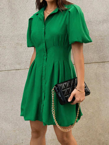 Puff Sleeve Fold Pleated Shirt Dress