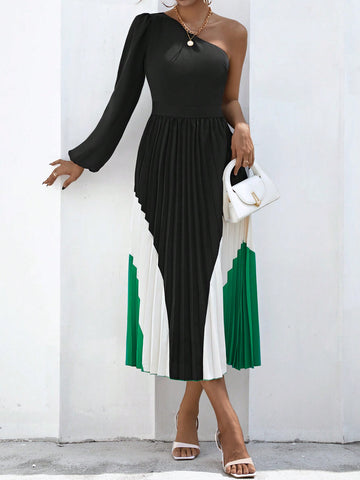 Colorblock One Shoulder Pleated Hem Dress