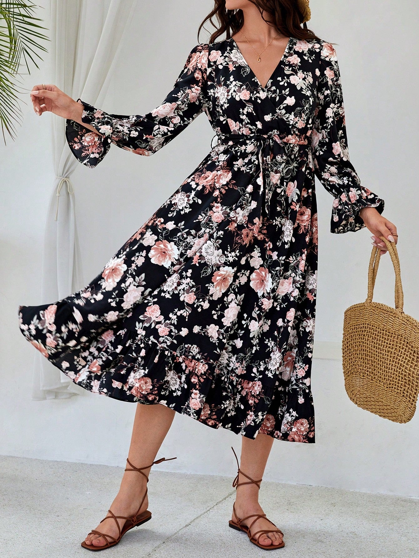 Floral Print Flounce Sleeve Ruffle Hem Belted Dress