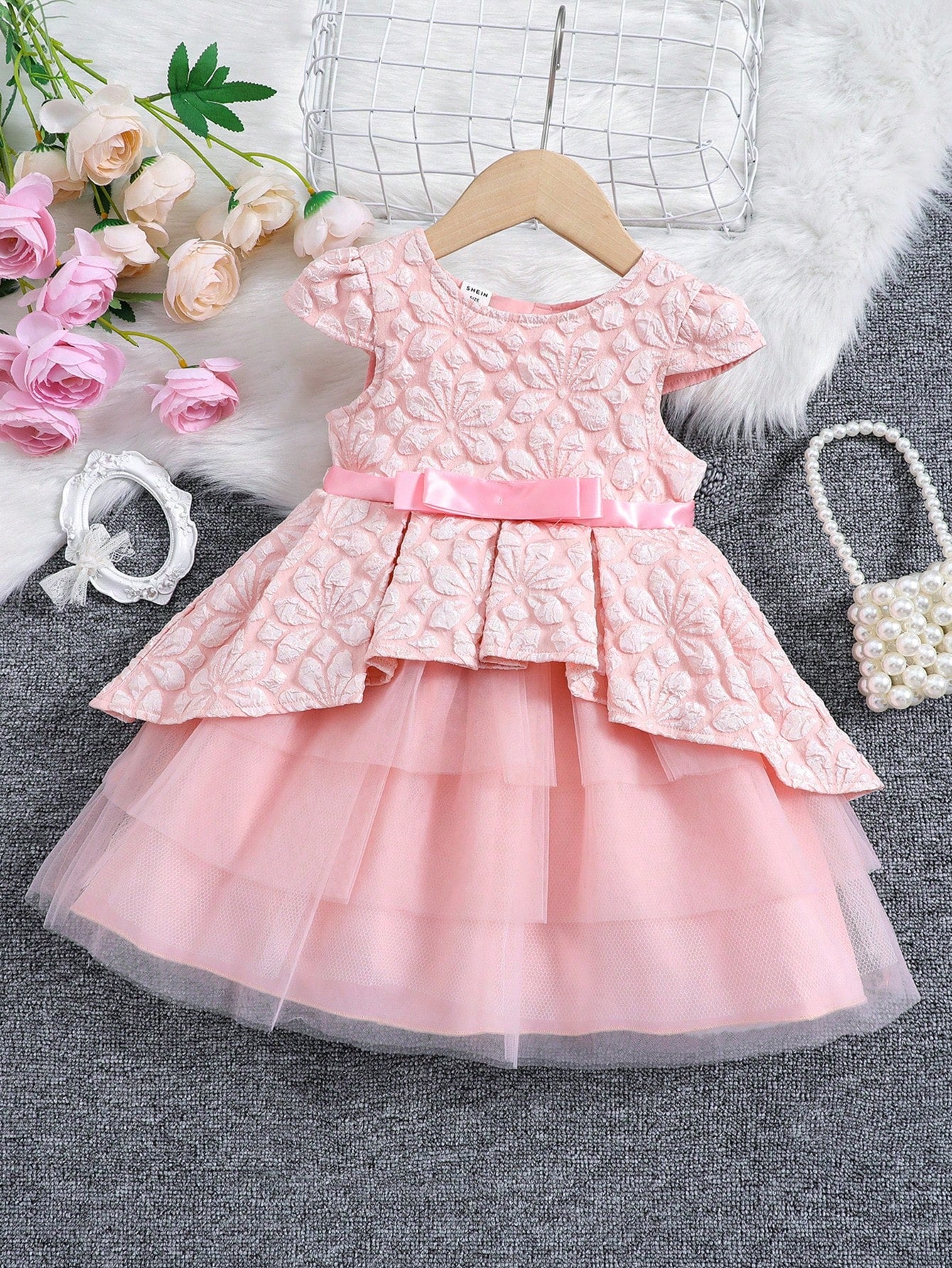 Baby Girl Floral Jacquard Contrast Mesh Bow Front Party Dress