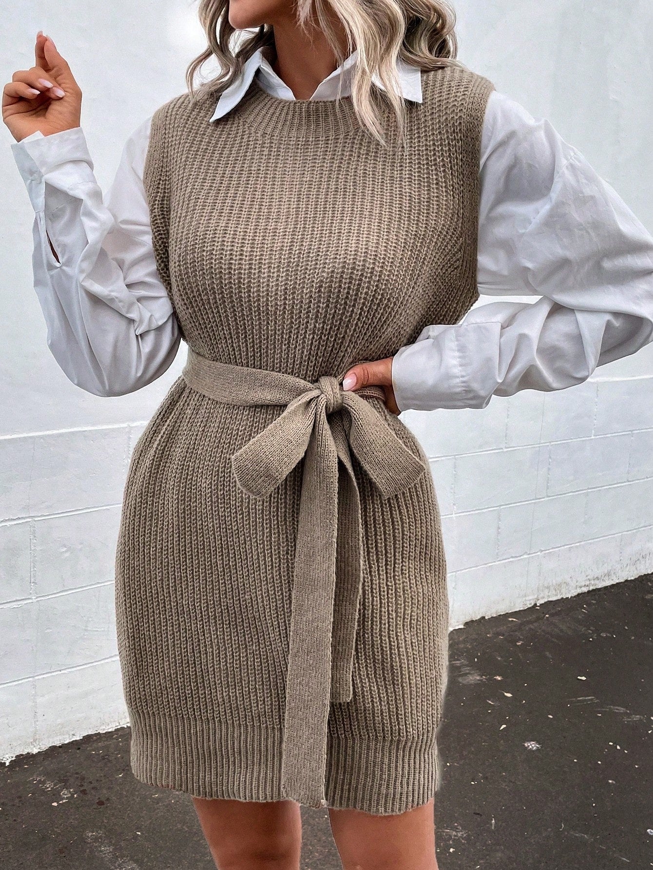 1pc Ribbed Knit Belted Sweater Dress