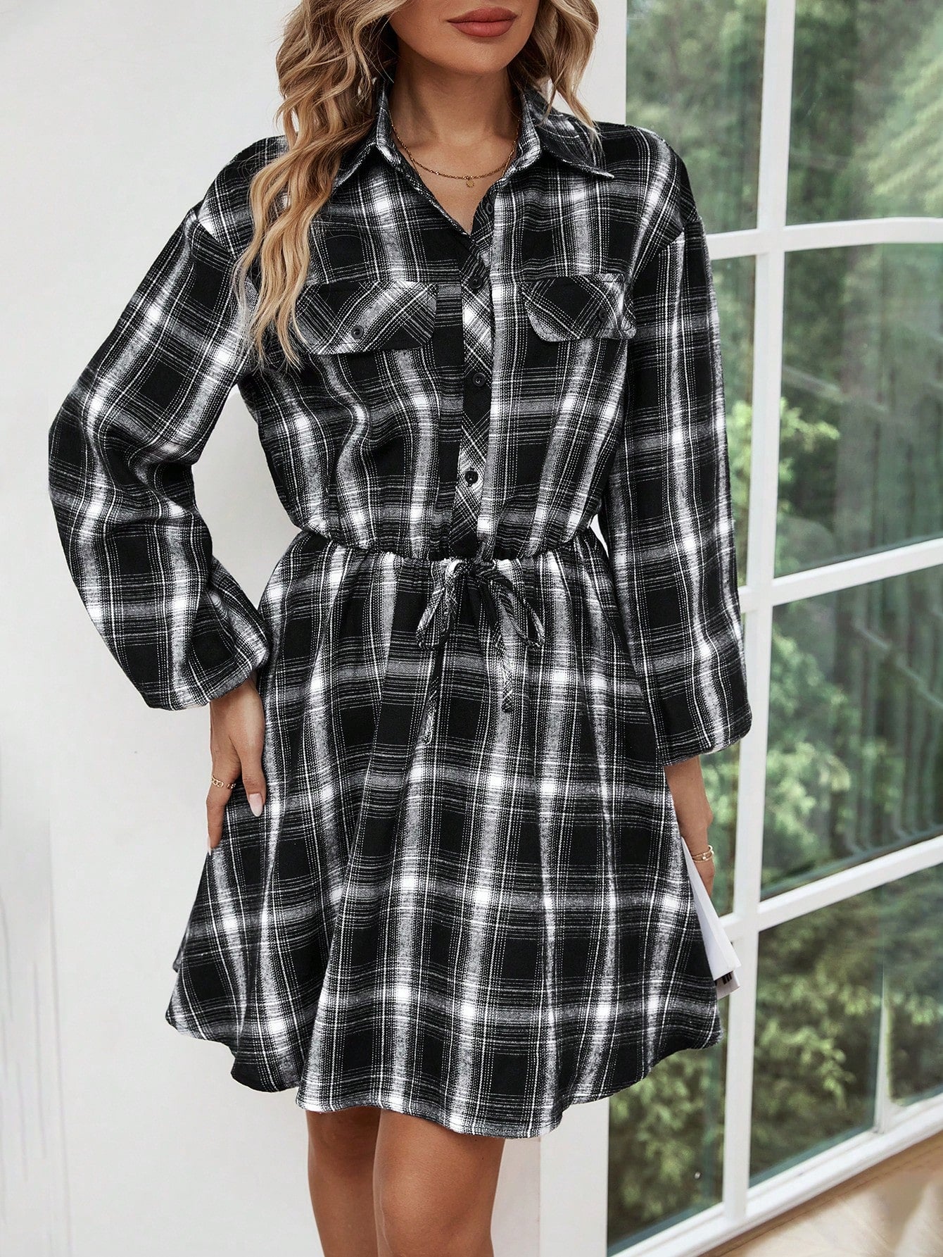 Plaid Print Drop Shoulder Shirt Dress