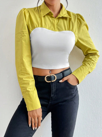 Two Tone Puff Sleeve Crop Blouse