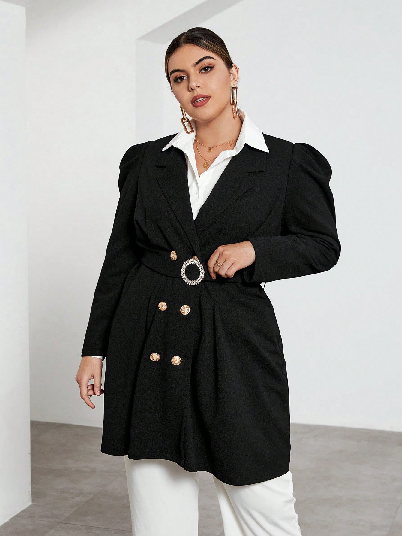 Plus Lapel Neck Puff Sleeve Double Breasted Coat Without Belt