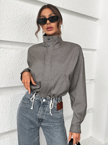 Drop Shoulder Drawstring Hem Zip Up Crop Jacket