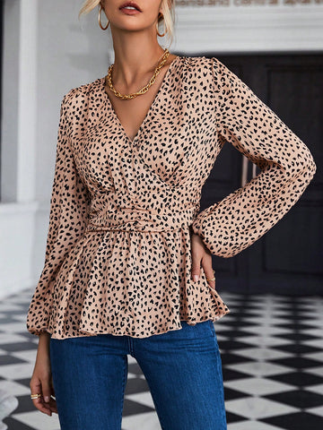 Dalmatian Print Lantern Sleeve Peplum Blouse