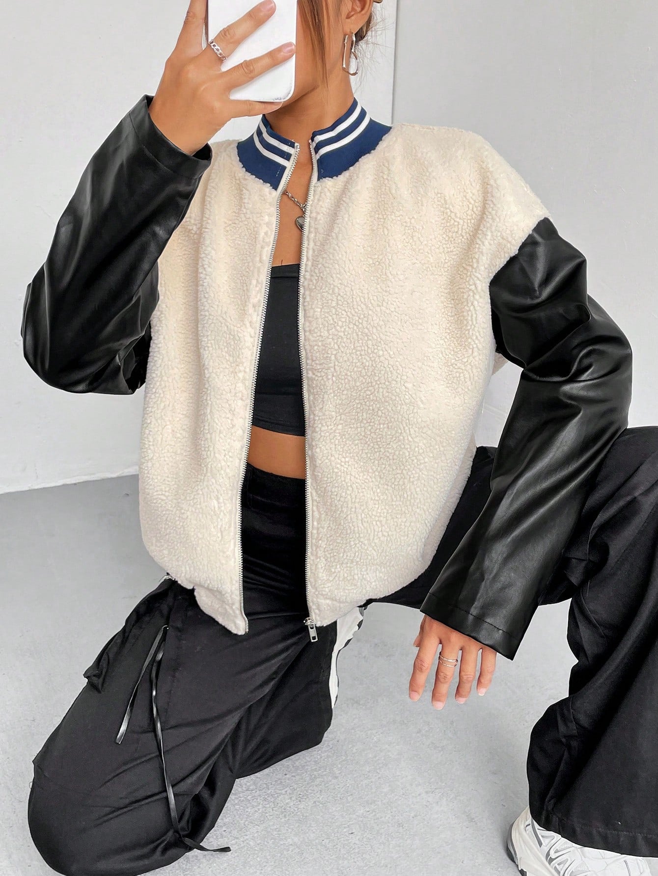 Colorblock Drop Shoulder Teddy Bomber Jacket