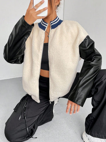 Colorblock Drop Shoulder Teddy Bomber Jacket