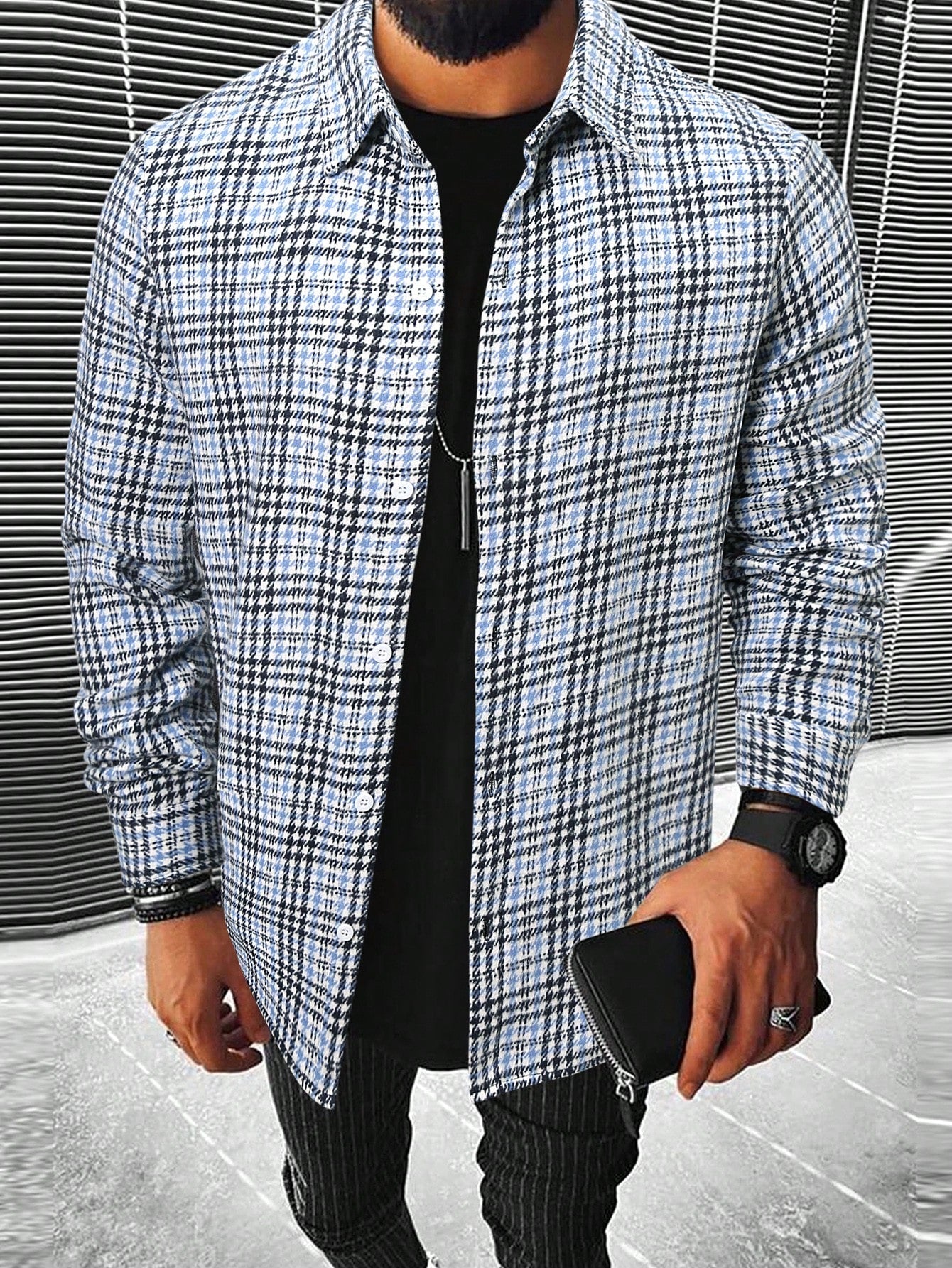 Men Houndstooth Print Button Front Overcoat