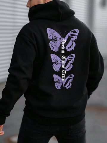 Loose Fit Men's Letter And Butterfly Printed Hoodie With Kangaroo Pocket And Drawstring