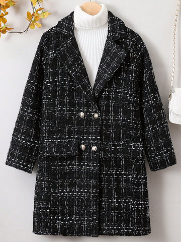 Teen Girl Plaid Pattern Double Breasted Overcoat