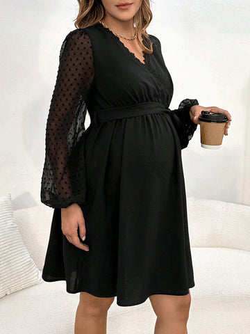 Maternity Swiss Dot Lace Trim Lantern Sleeve Belted Dress