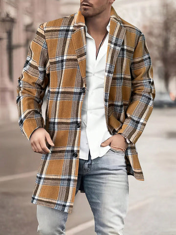 Men 1pc Plaid Print Overcoat