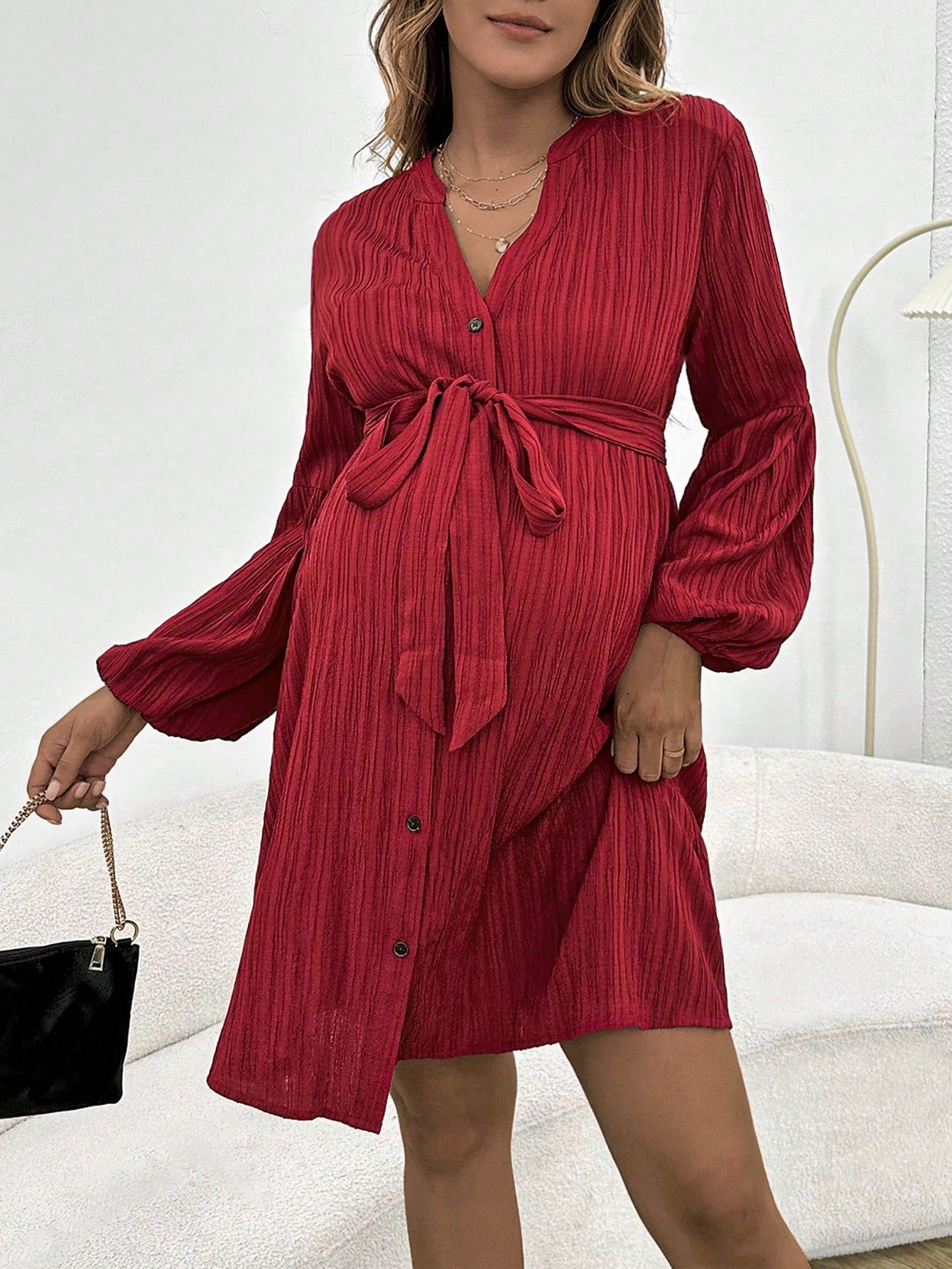 Maternity Lantern Sleeve Belted Dress