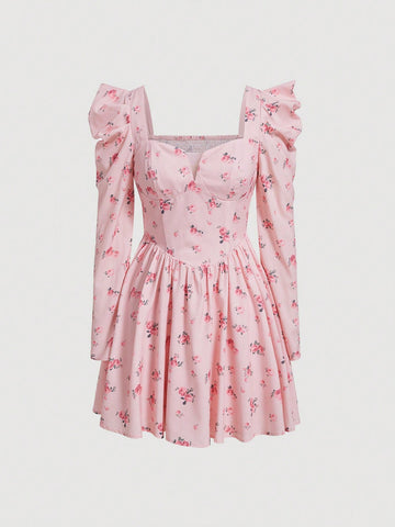 Ditsy Floral Print Sweetheart Neck Gigot Sleeve Dress