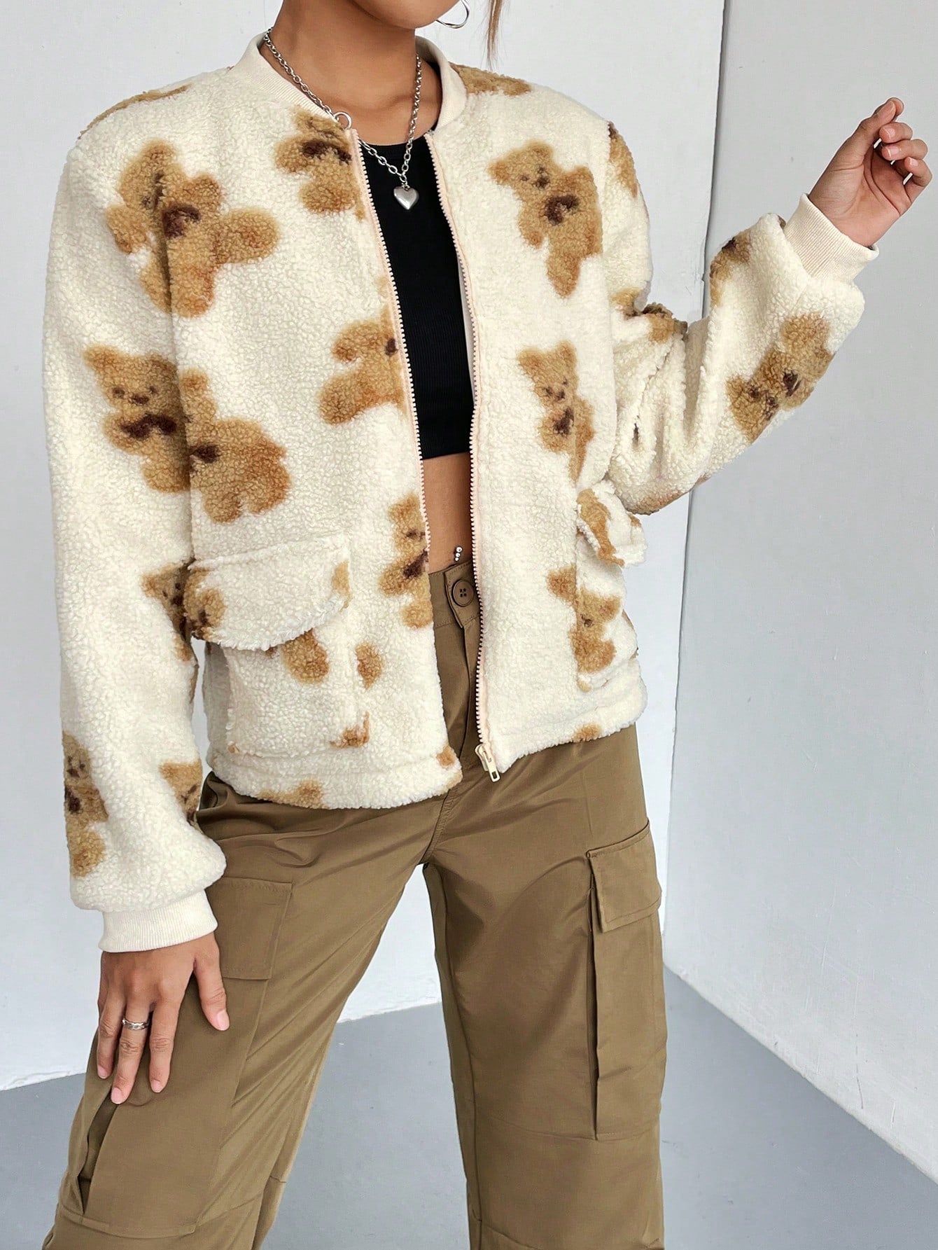 Bear Pattern Flap Pocket Teddy Bomber Jacket