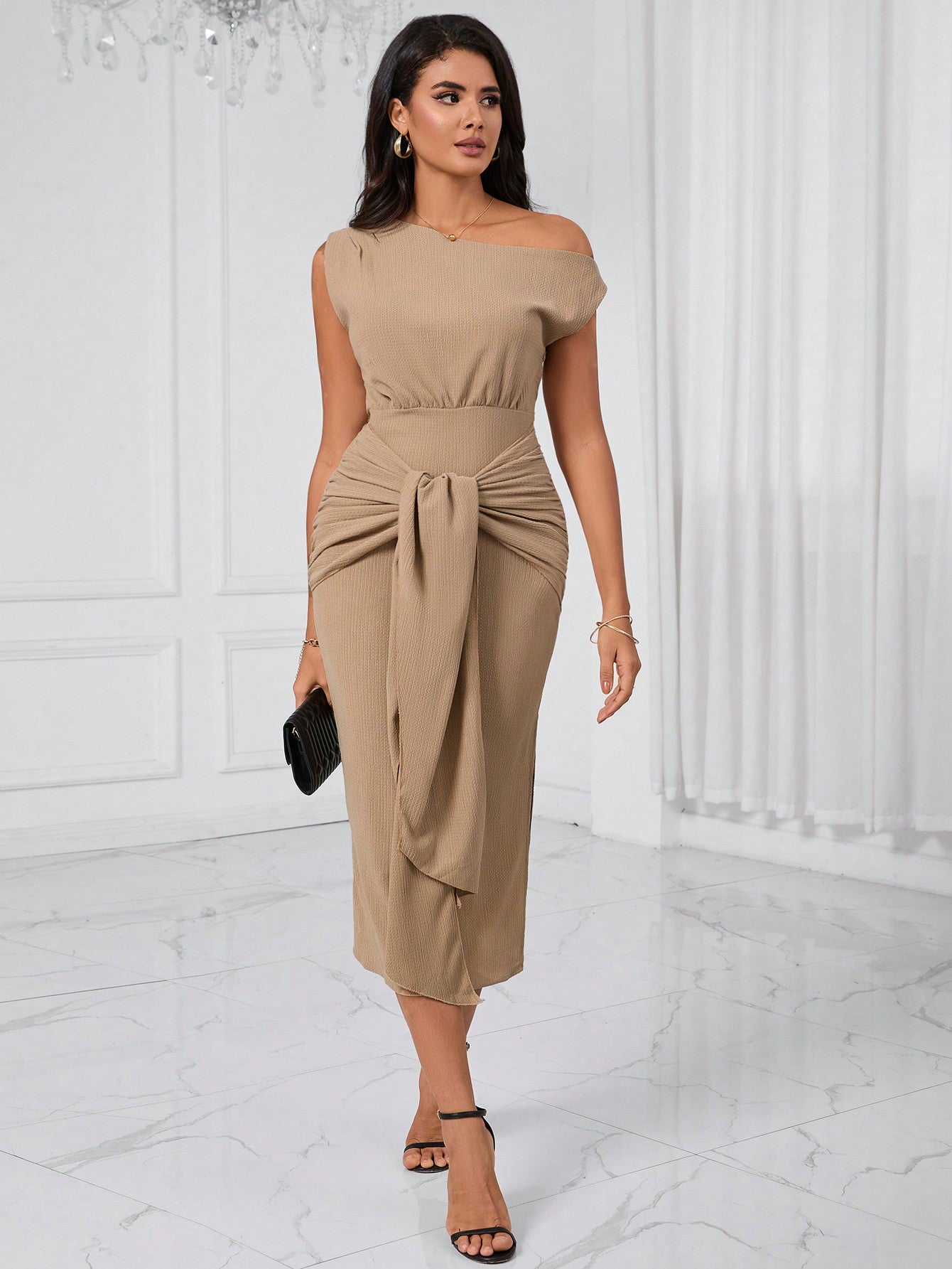 Asymmetrical Neck Tie Front Split Thigh Dress