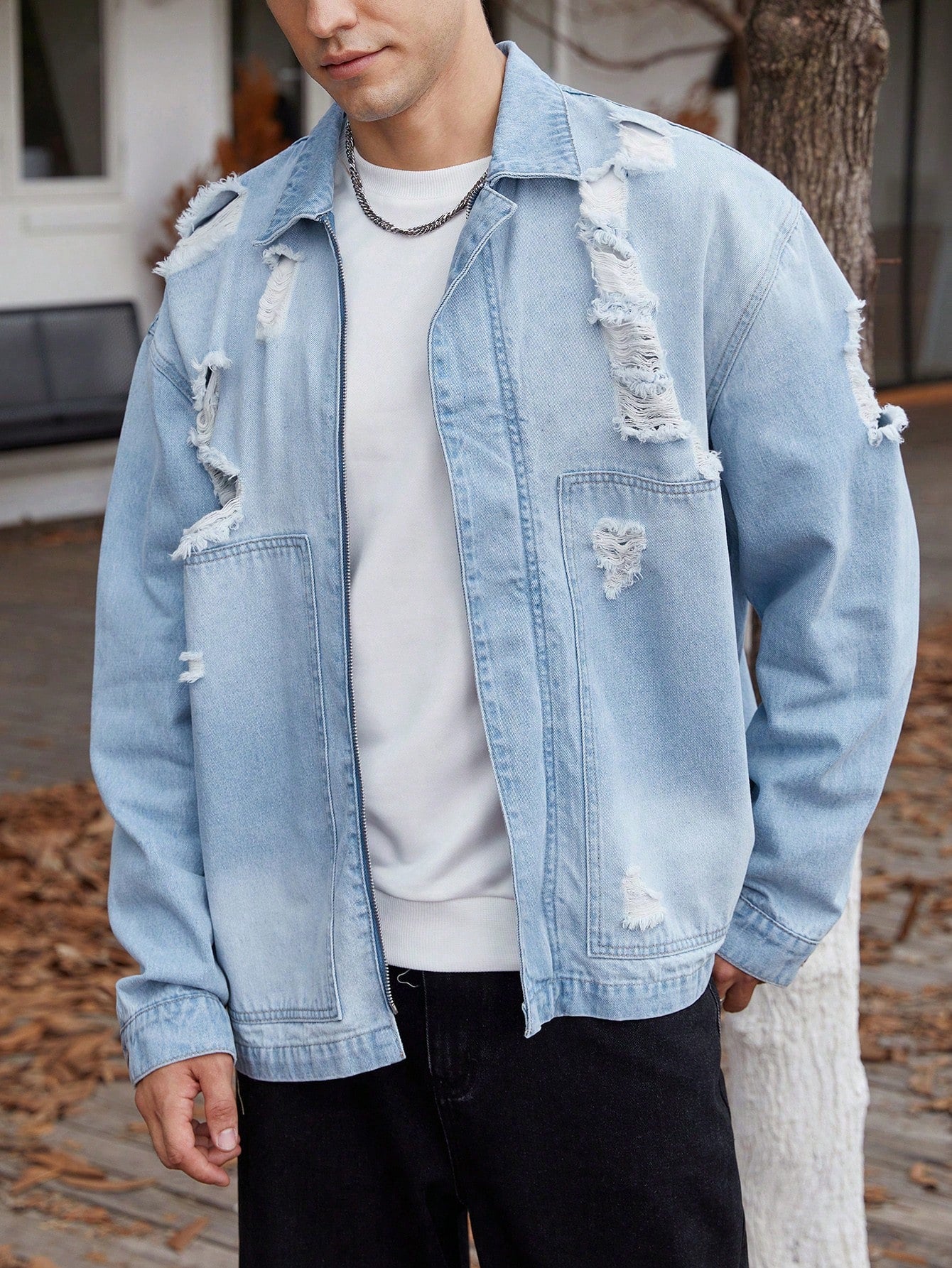 Men's Ripped Frayed Oversized Denim Jacket