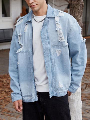 Men's Ripped Frayed Oversized Denim Jacket