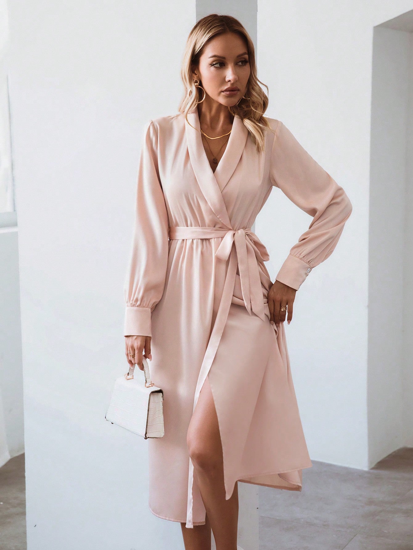 Solid Belted Wrap Hem Dress