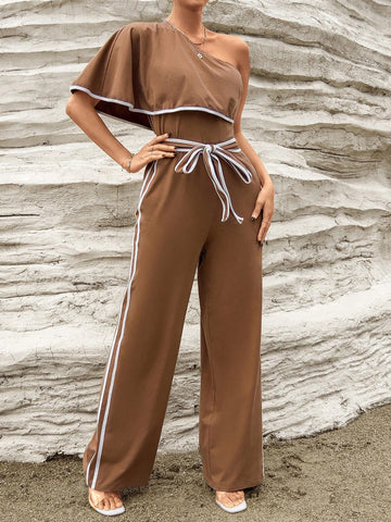 One Shoulder Contrast Binding Belted Jumpsuit