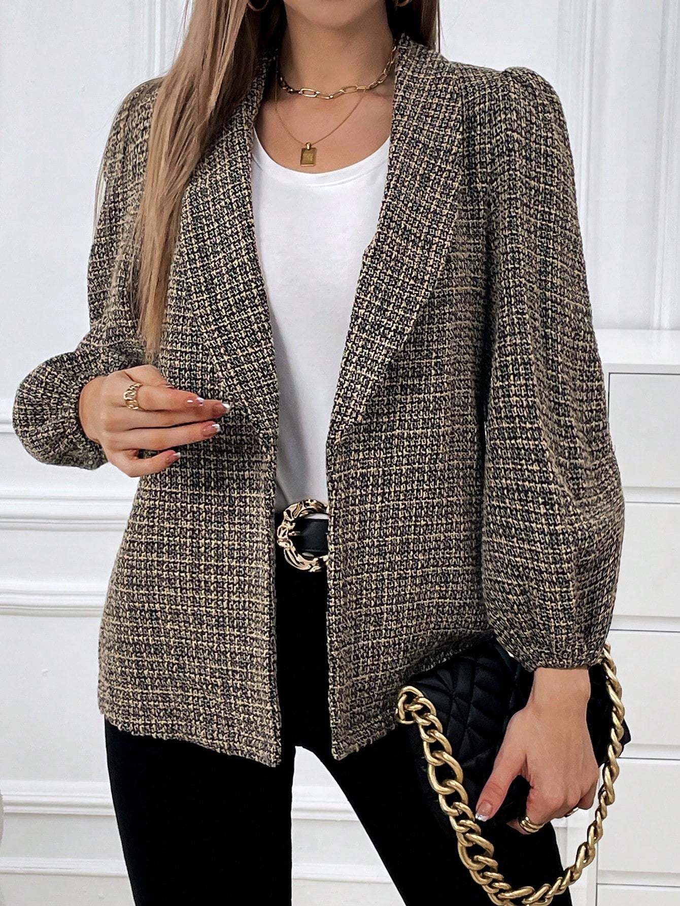 Plaid Pattern Shawl Collar Puff Sleeve Tweed Overcoat