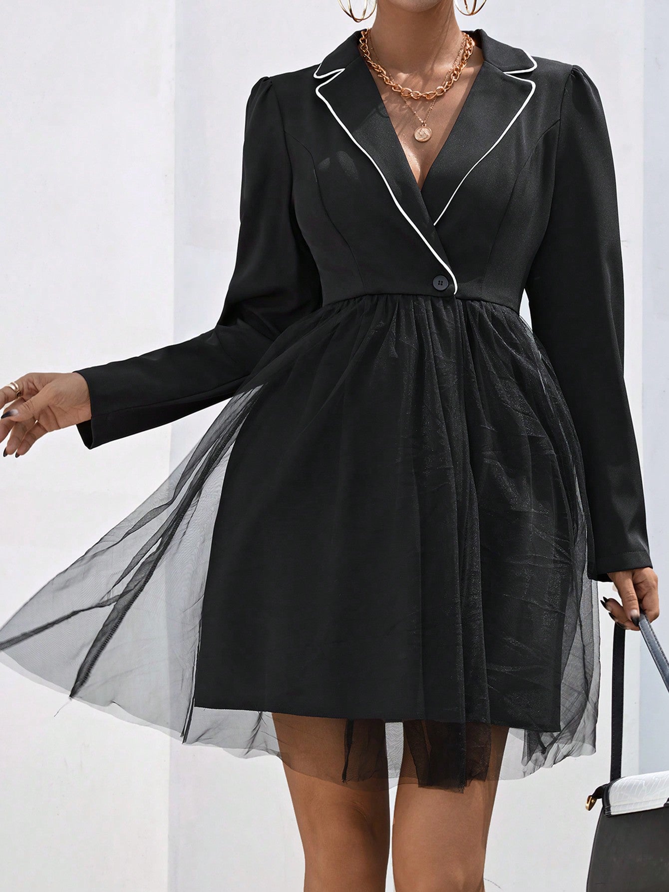 Contrast Mesh Lapel Collar Dress