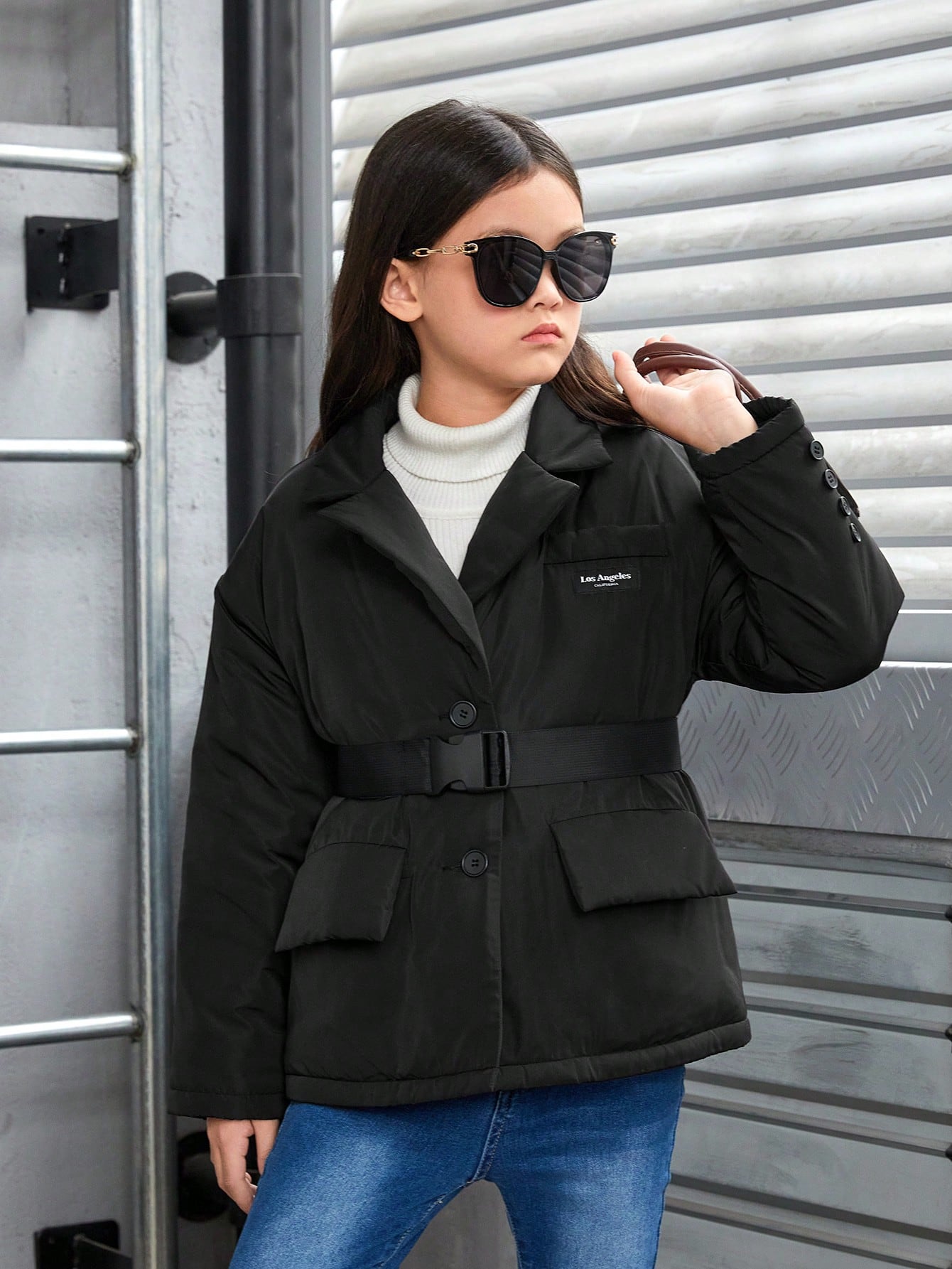 Tween Girl Letter Patched Detail Drop Shoulder Belted Puffer Coat