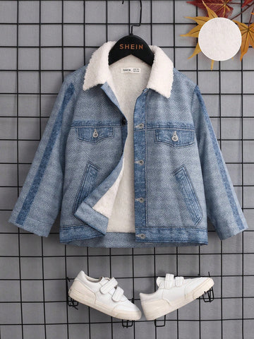 Young Boy Borg Collar Denim-Effect Print Jacket Without Hoodie