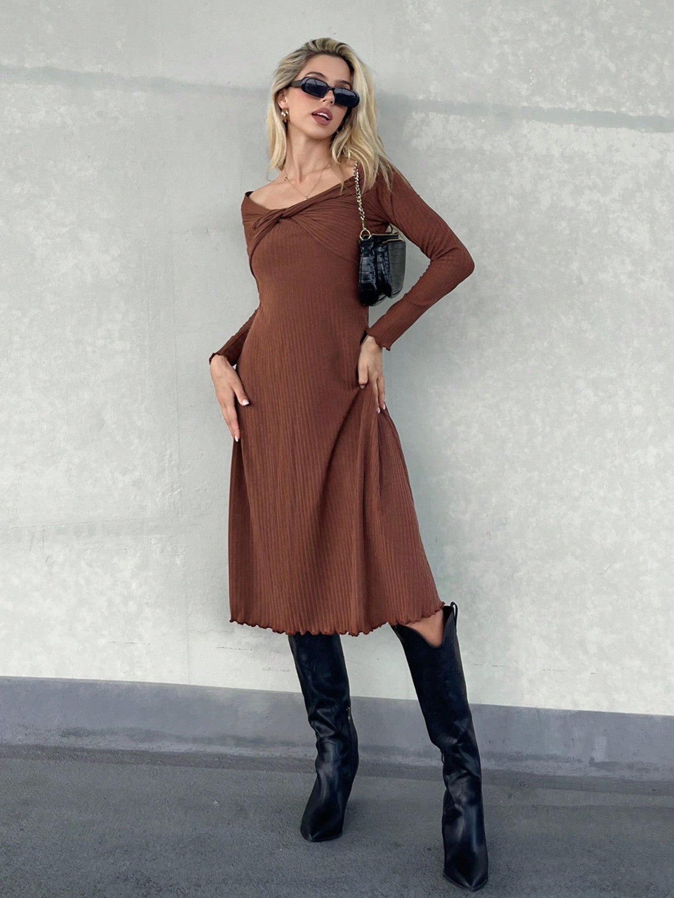 Solid Lettuce Trim Twist Front Dress