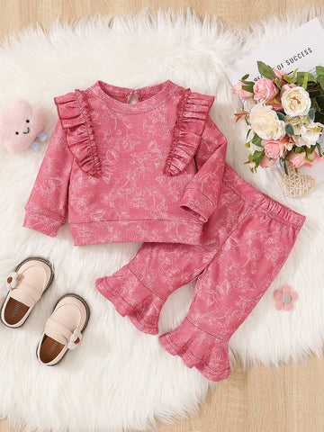 Baby Girl Floral Print Ruffle Trim Sweatshirt & Flare Leg Pants