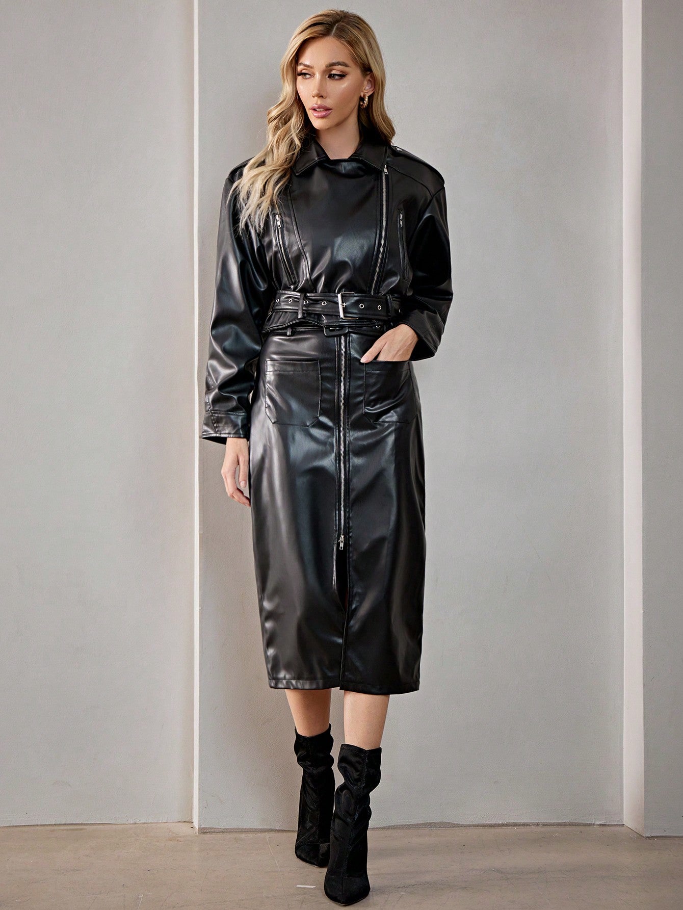 Zip Up Belted Patent Jacket