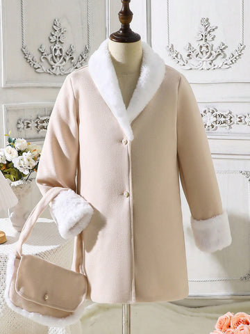 Tween Girl 1pc Borg Collar Button Front Overcoat