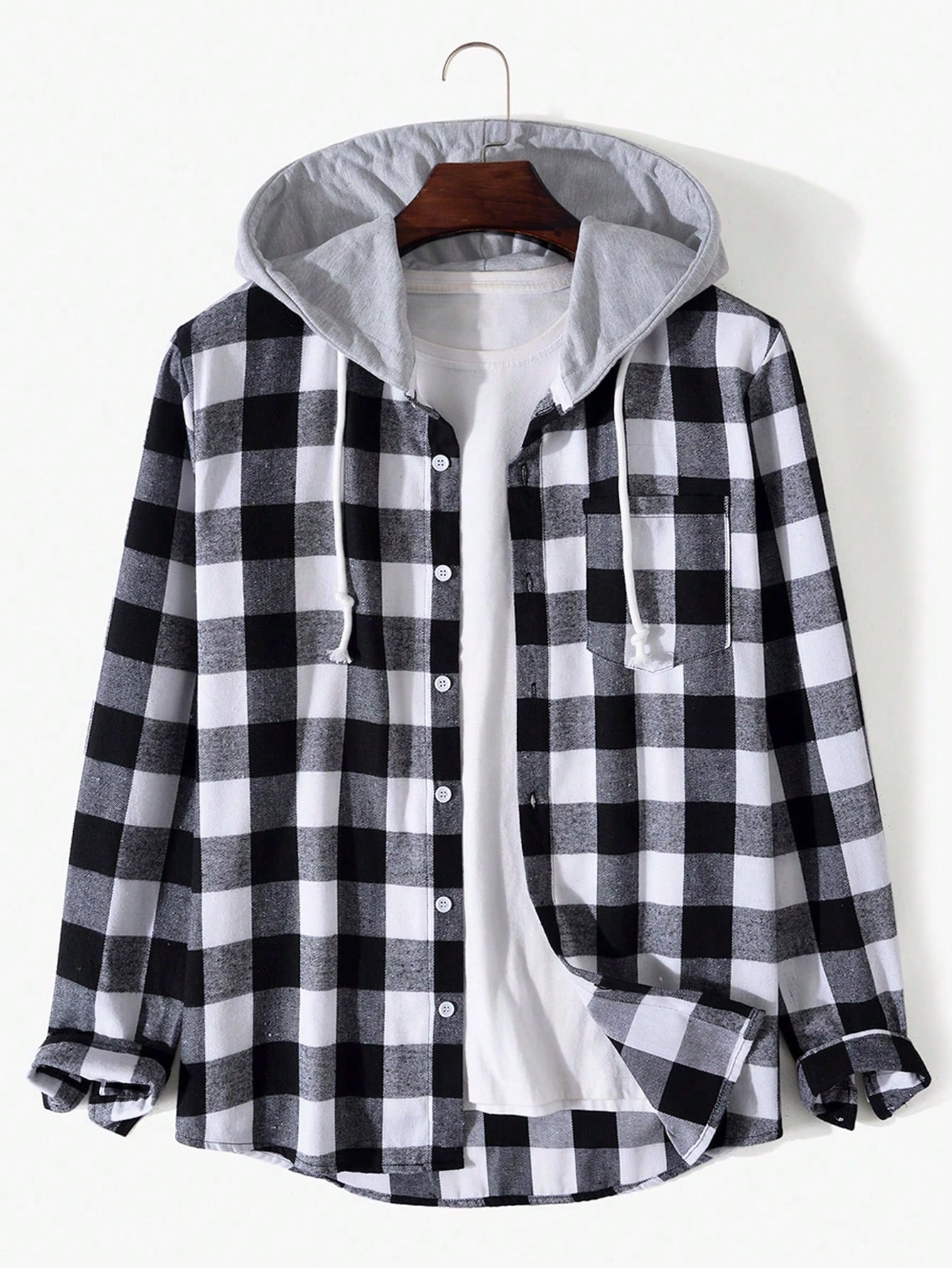 Men Buffalo Plaid Print Drawstring Hooded Shirt Without Tee