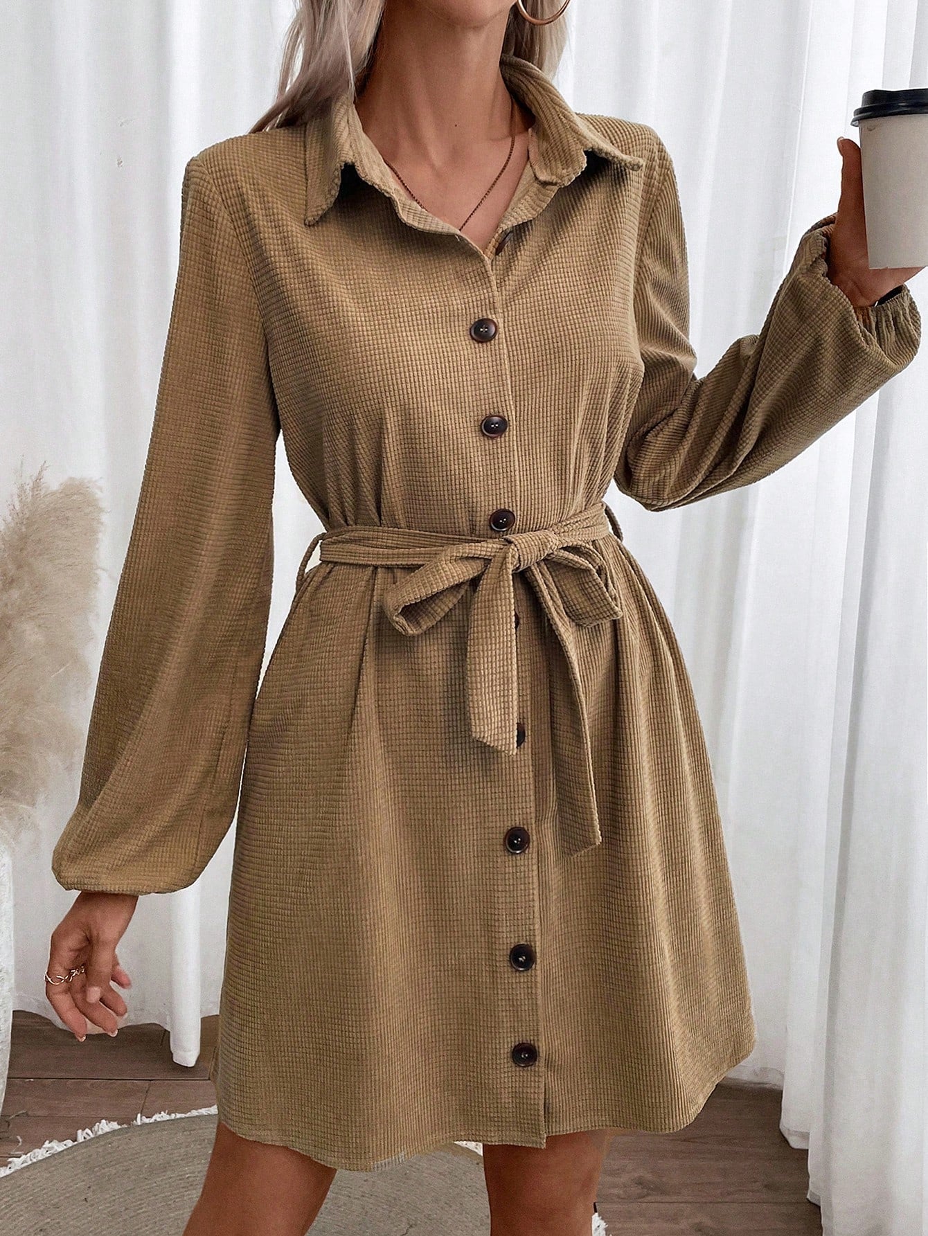 Lantern Sleeve Belted Dress