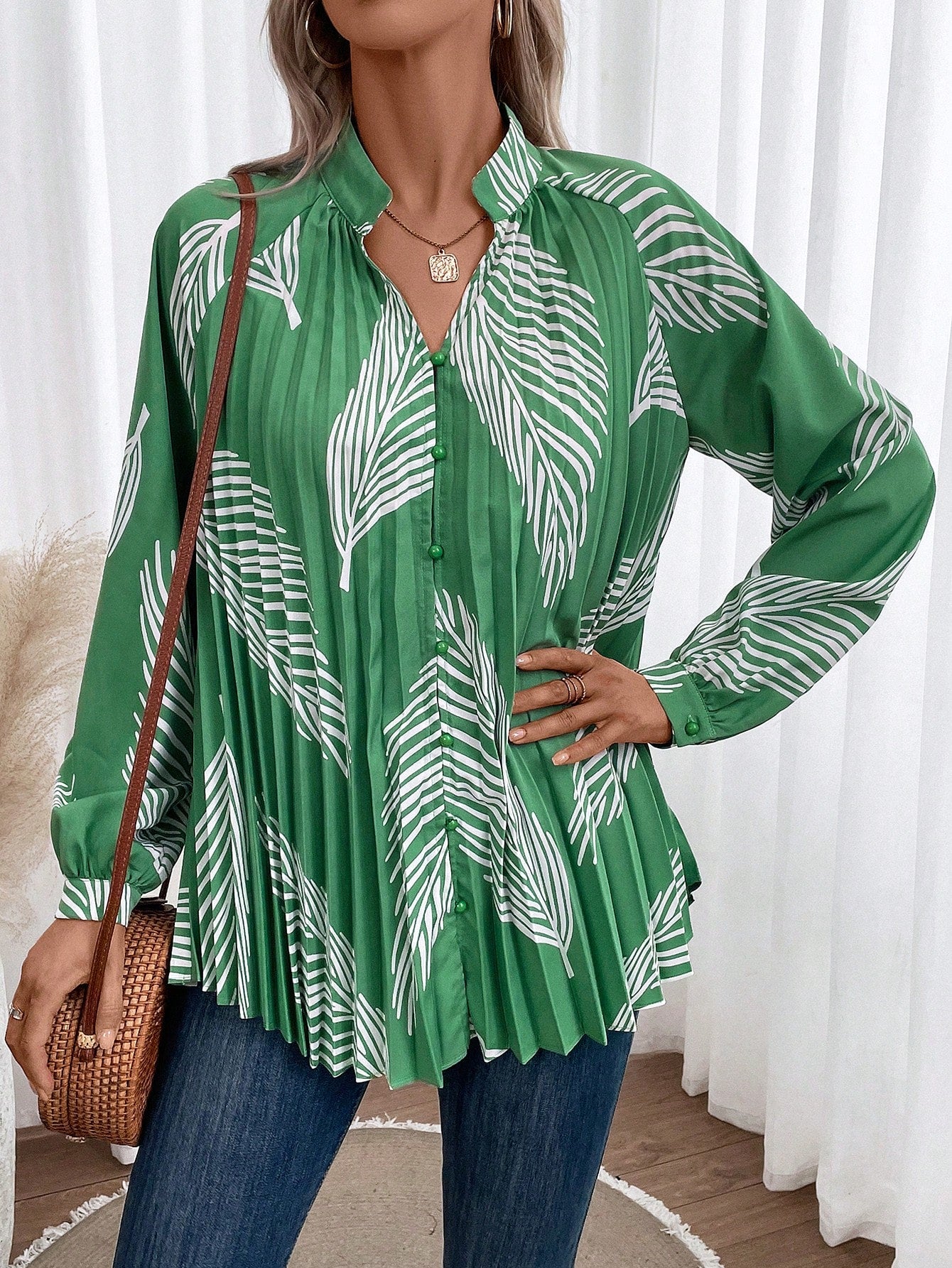 Tropical Print Notched Neckline Lantern Sleeve Blouse