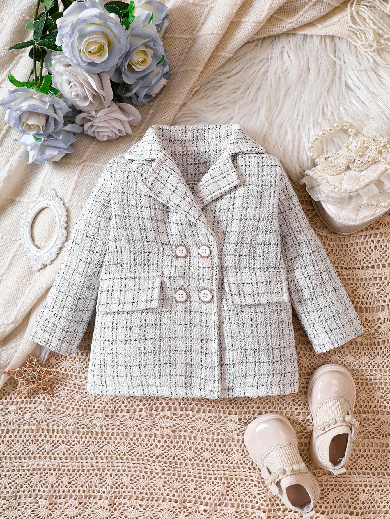 Baby Girl Plaid Double Breasted Flap Detail Double Breasted Overcoat