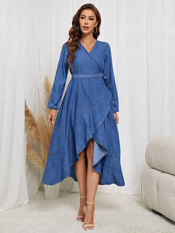 Lantern Sleeve Ruffle Trim Wrap Hem Belted Denim Dress