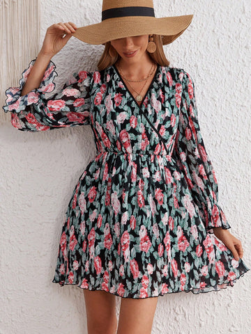 Allover Print Flounce Sleeve Dress