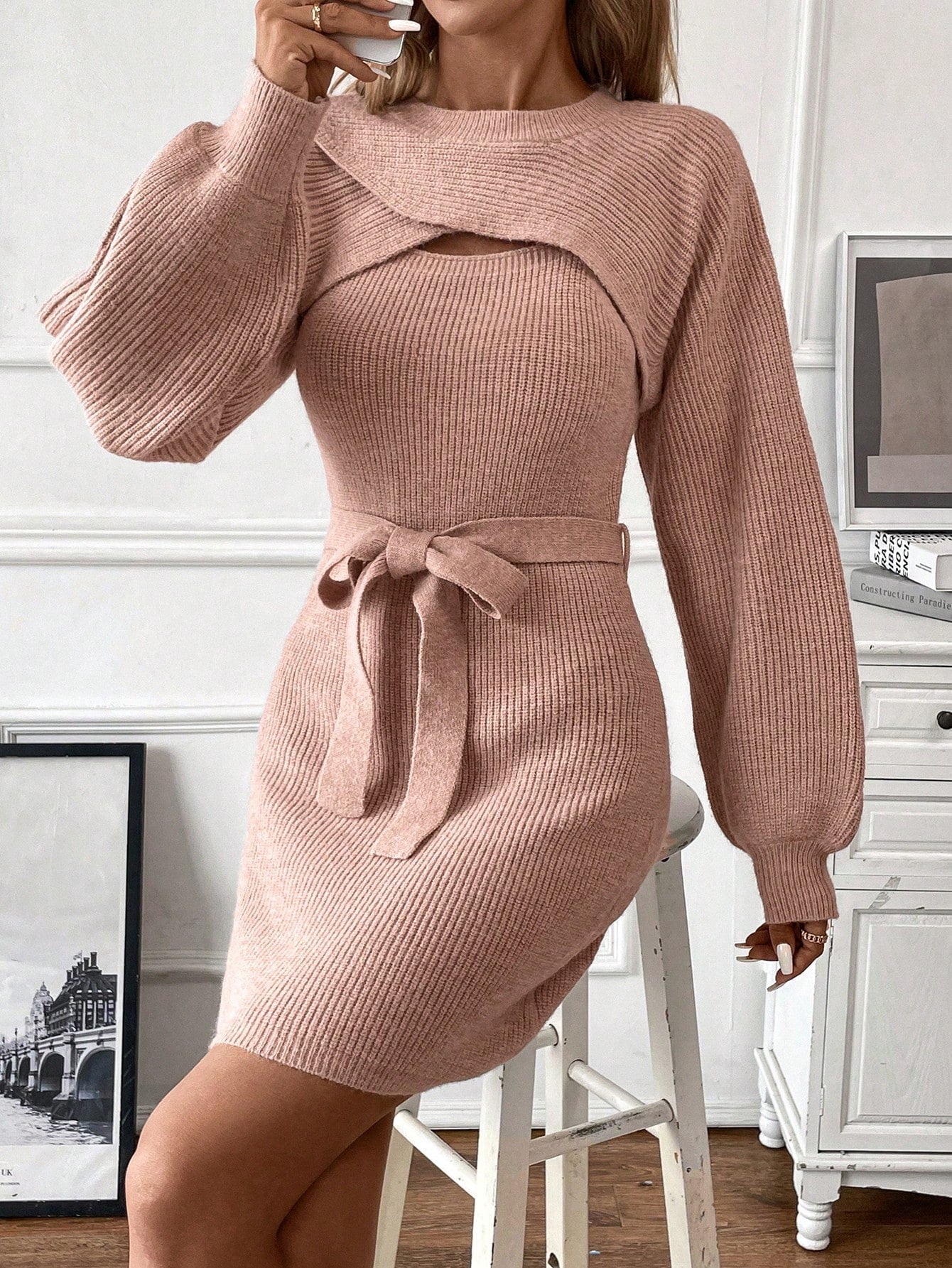 Lantern Sleeve Super Crop Sweater & Belted Sweater Dress