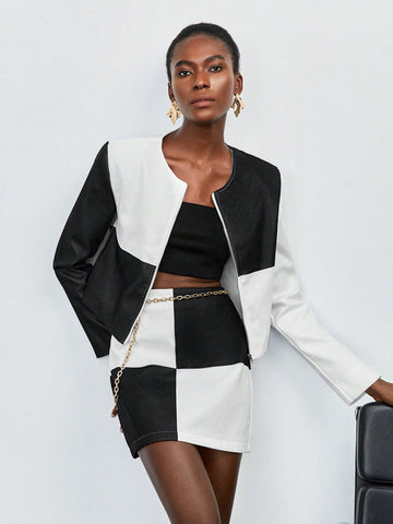 Two Tone Zip Up Crop Jacket