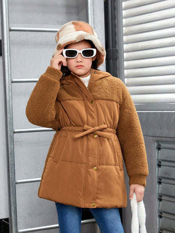 Tween Girl Teddy Panel Belted Hooded Puffer Coat