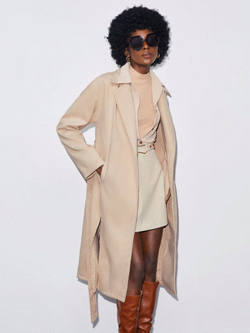 Lapel Neck Belted Split Thigh Overcoat