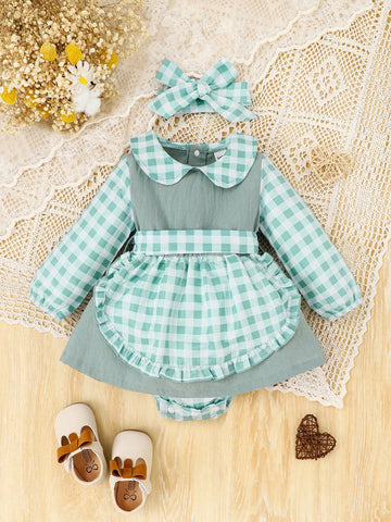 Baby Girl Plaid Print Peter Pan Collar Ruffle Trim 2 In 1 Bodysuit & Headband