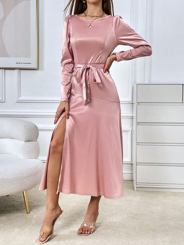 Puff Sleeve Split Thigh Belted Satin Dress