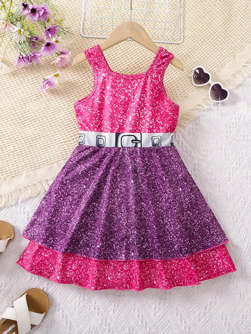 Young Girl Graphic Print Colorblock Two Layer Hem Dress