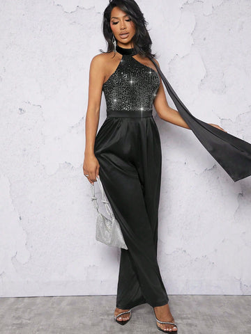 Sequin Draped Neck Wide Leg Jumpsuit