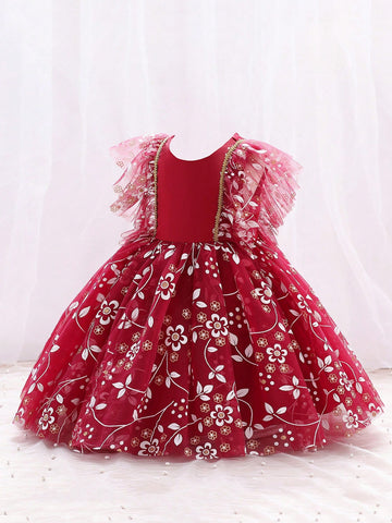 Young Girl Floral Embroidery Mesh Overlay Ruffle Trim Gown Dress