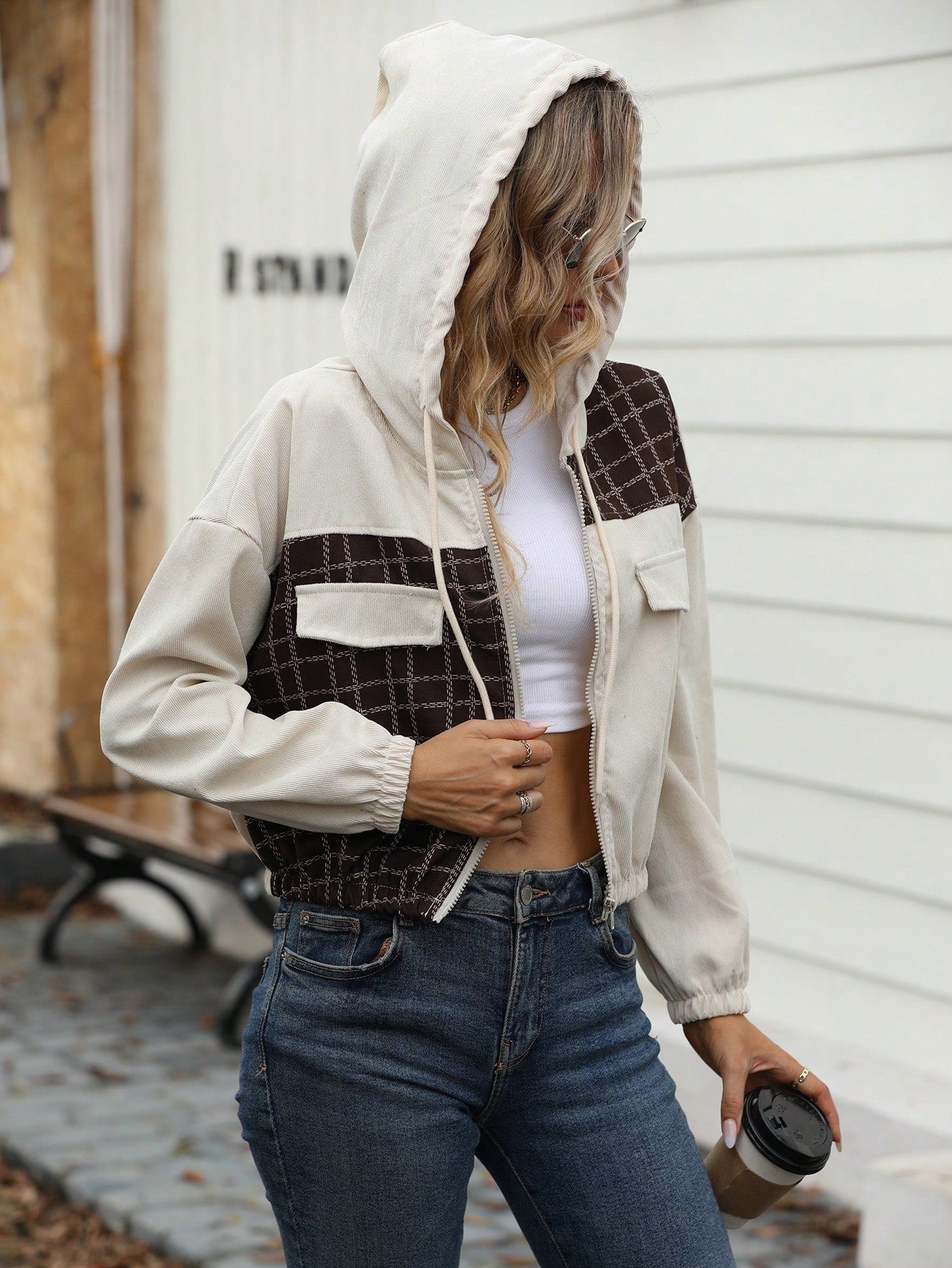 Plaid Print Drop Shoulder Drawstring Hooded Crop Jacket