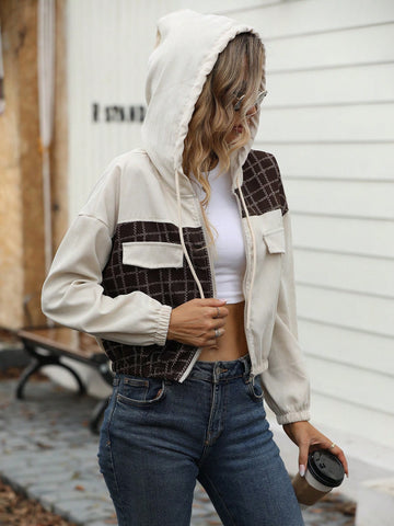 Plaid Print Drop Shoulder Drawstring Hooded Crop Jacket